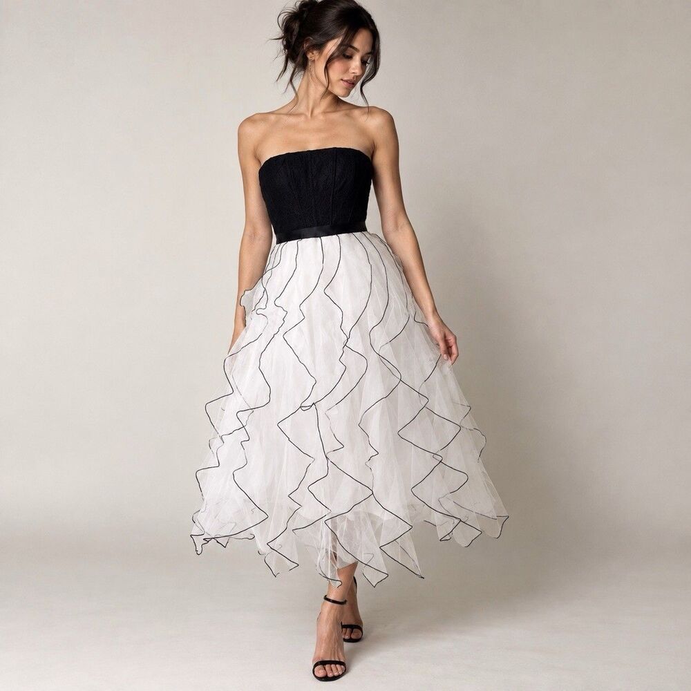 BCBG Maxazria Ruffle Midi Prom Dress 8 Strapless Black Lace White Tulle Y2K